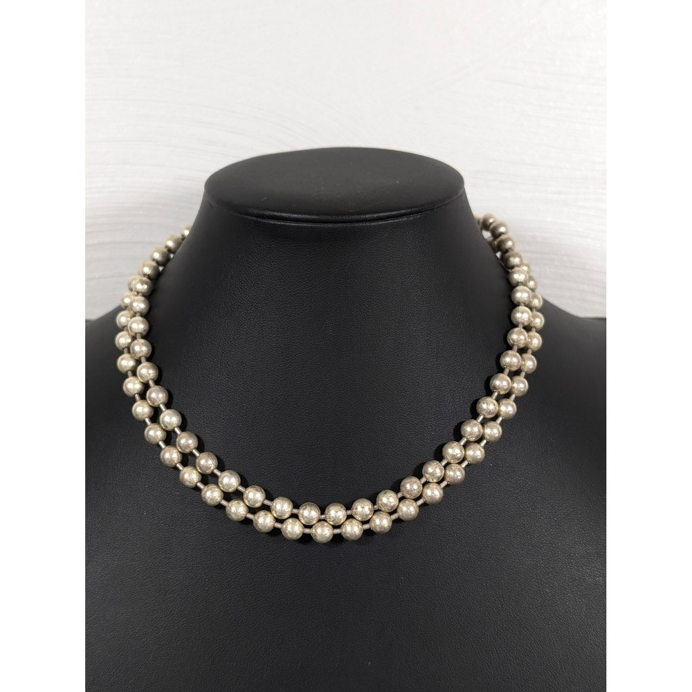 Silver Tone Beaded‎ Necklace Double Strand Distressed Metal 17in